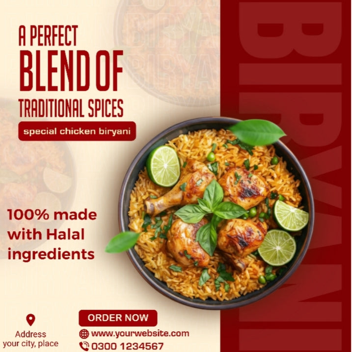 Bowl of chicken biryani with lime wedges on a red and beige background, featuring text about traditional spices and halal ingredients.