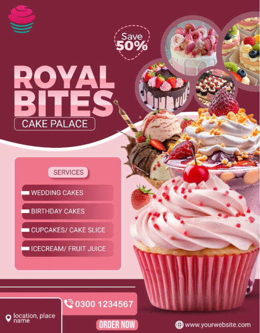 Advertisement for Royal Bites Cake Palace with various cakes and promotional text on a pink background.