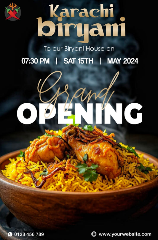 Promotional poster for Karachi Biryani's grand opening with a bowl of biryani on a dark background.
