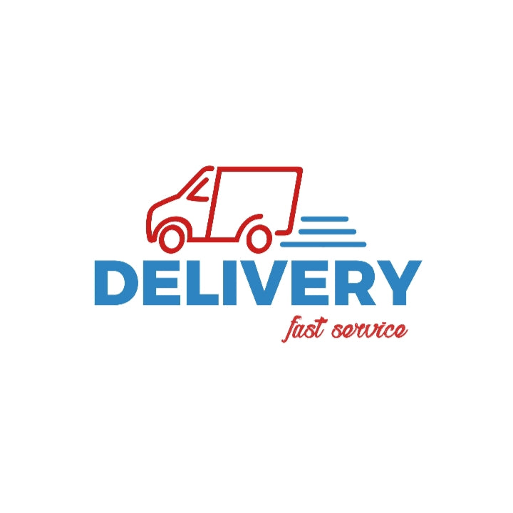 Delivery service logo with a red delivery van and blue text on a white background
