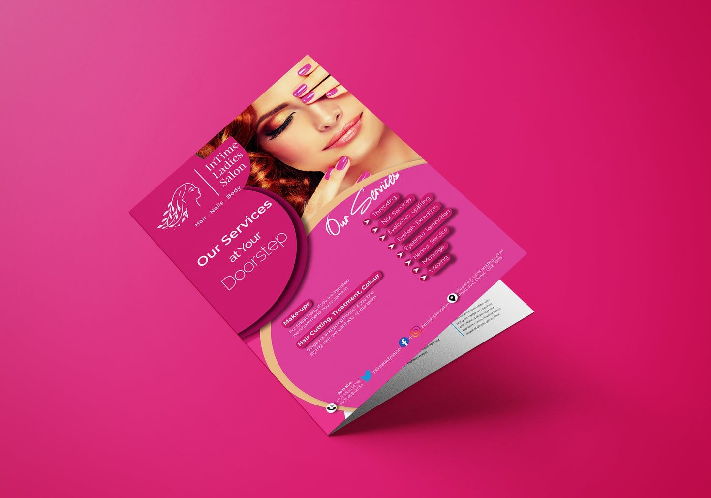 Salon flyer with a woman's face on a pink background

