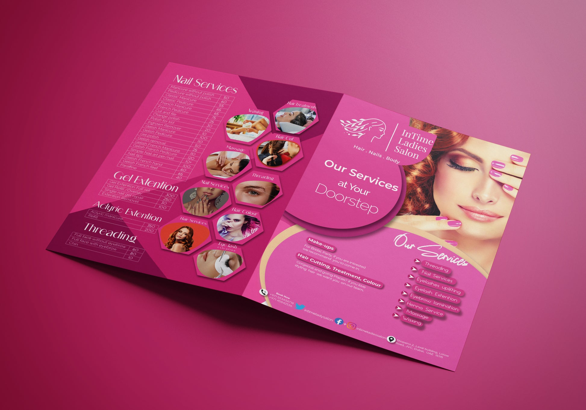 Pink brochure with nail services on a pink background

