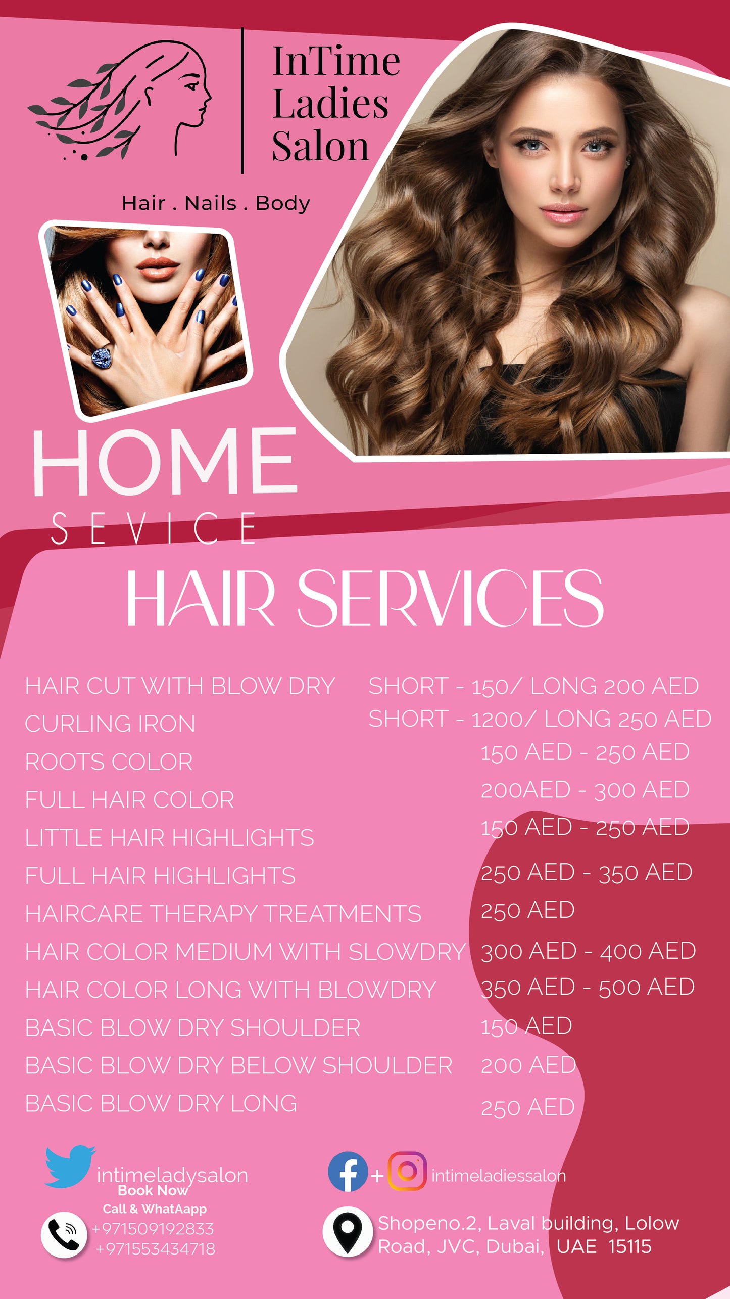 Advertisement for InTime Ladies Salon offering hair services with pricing on a pink background.