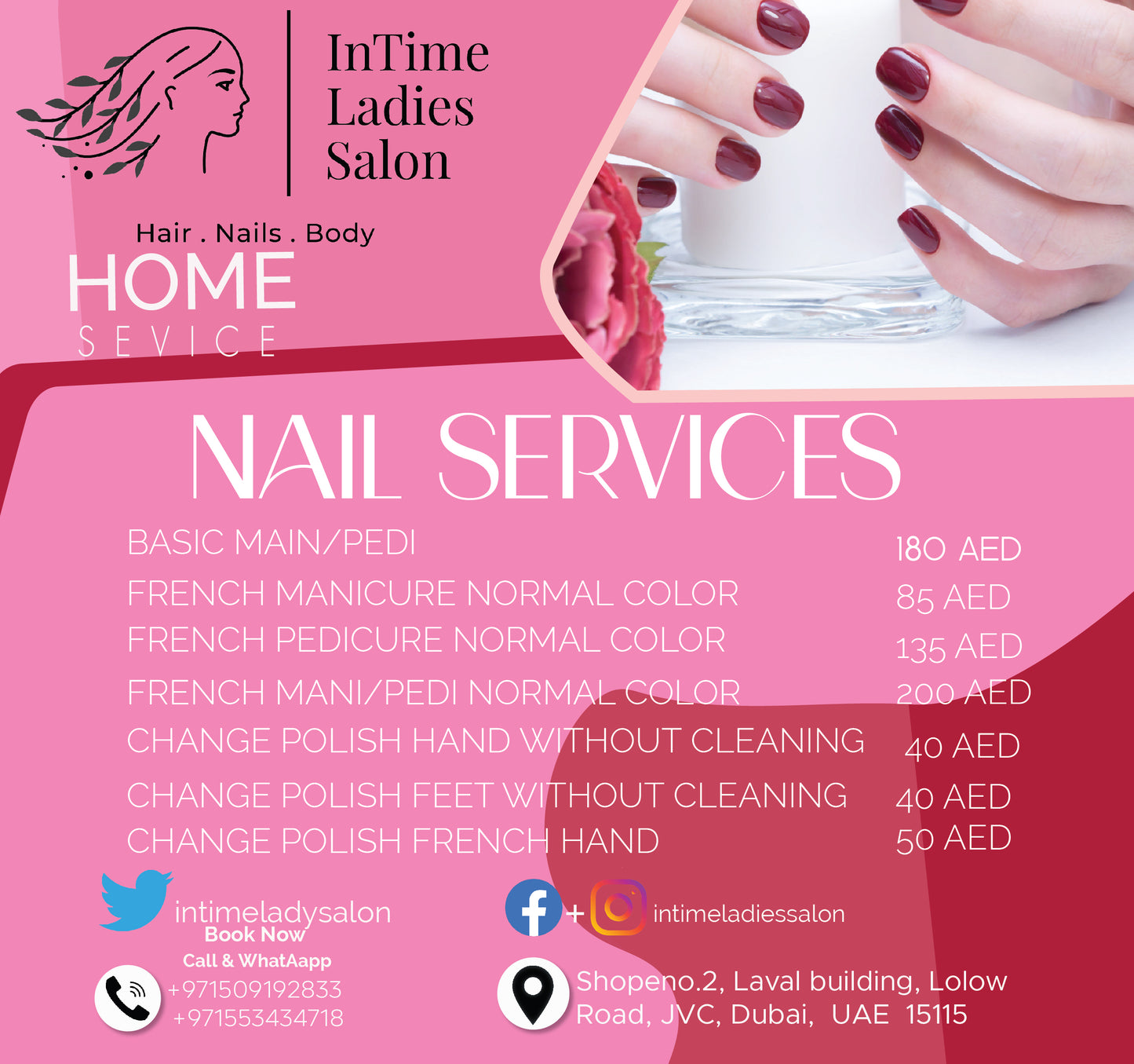 Advertisement for InTime Ladies Salon with nail service details on a pink background