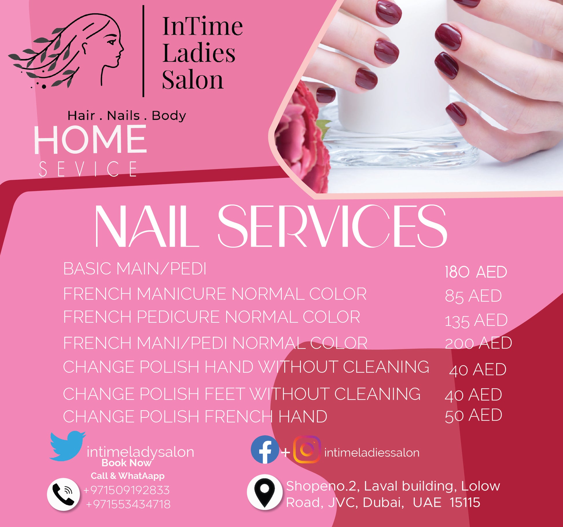 Advertisement for InTime Ladies Salon with nail service details on a pink background