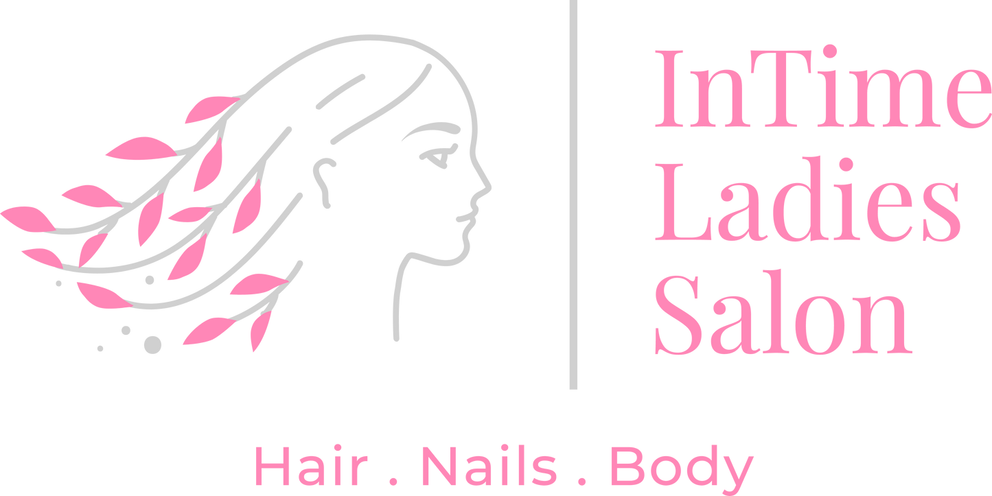Logo of InTime Ladies Salon with a stylized woman's profile and pink leaves on a white background.