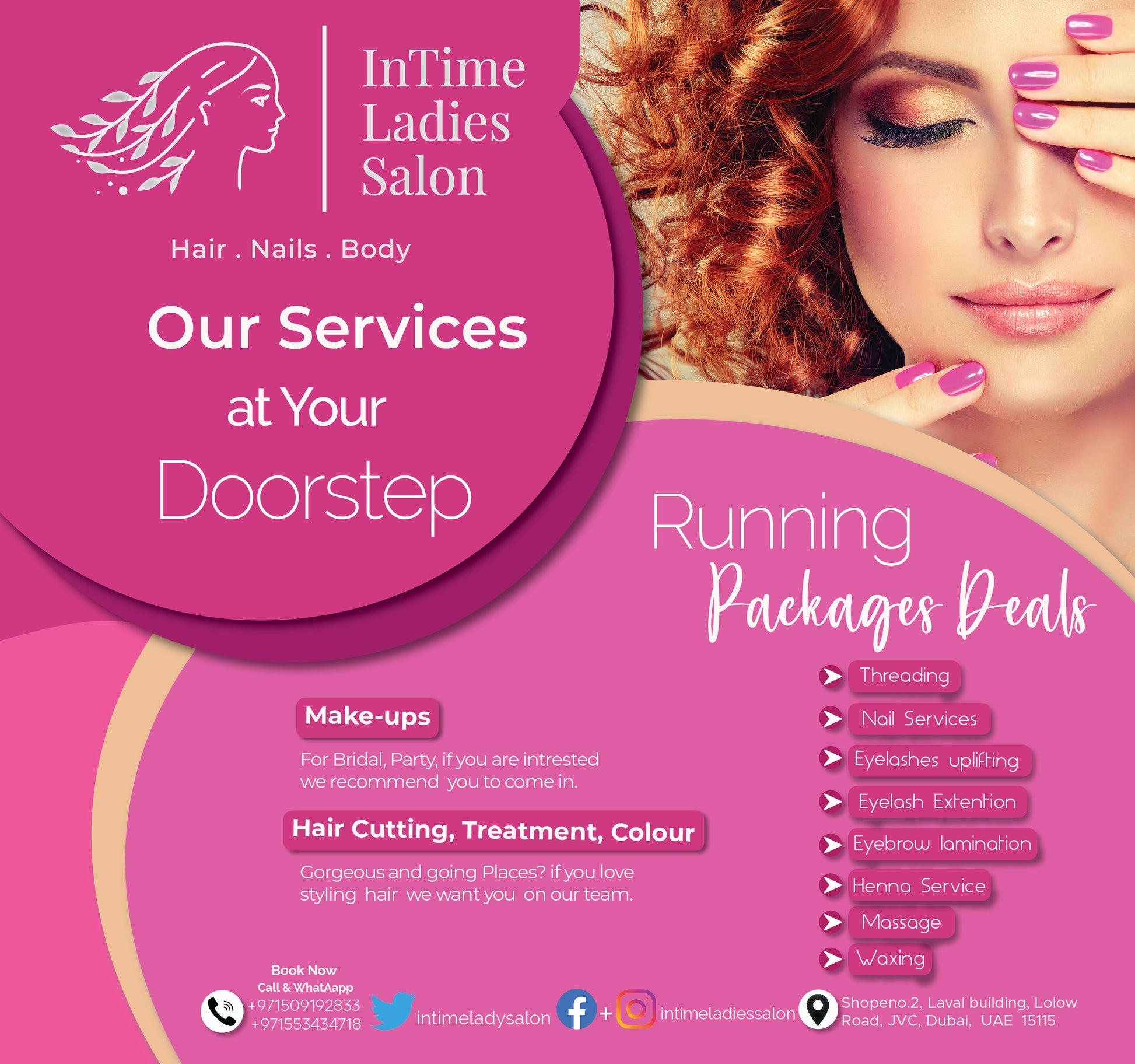 Advertisement for InTime Ladies Salon with services listed on a purple background

