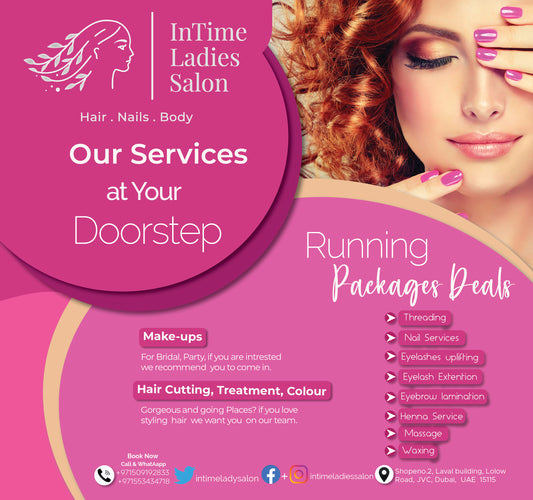 Advertisement for InTime Ladies Salon with services listed on a purple background

