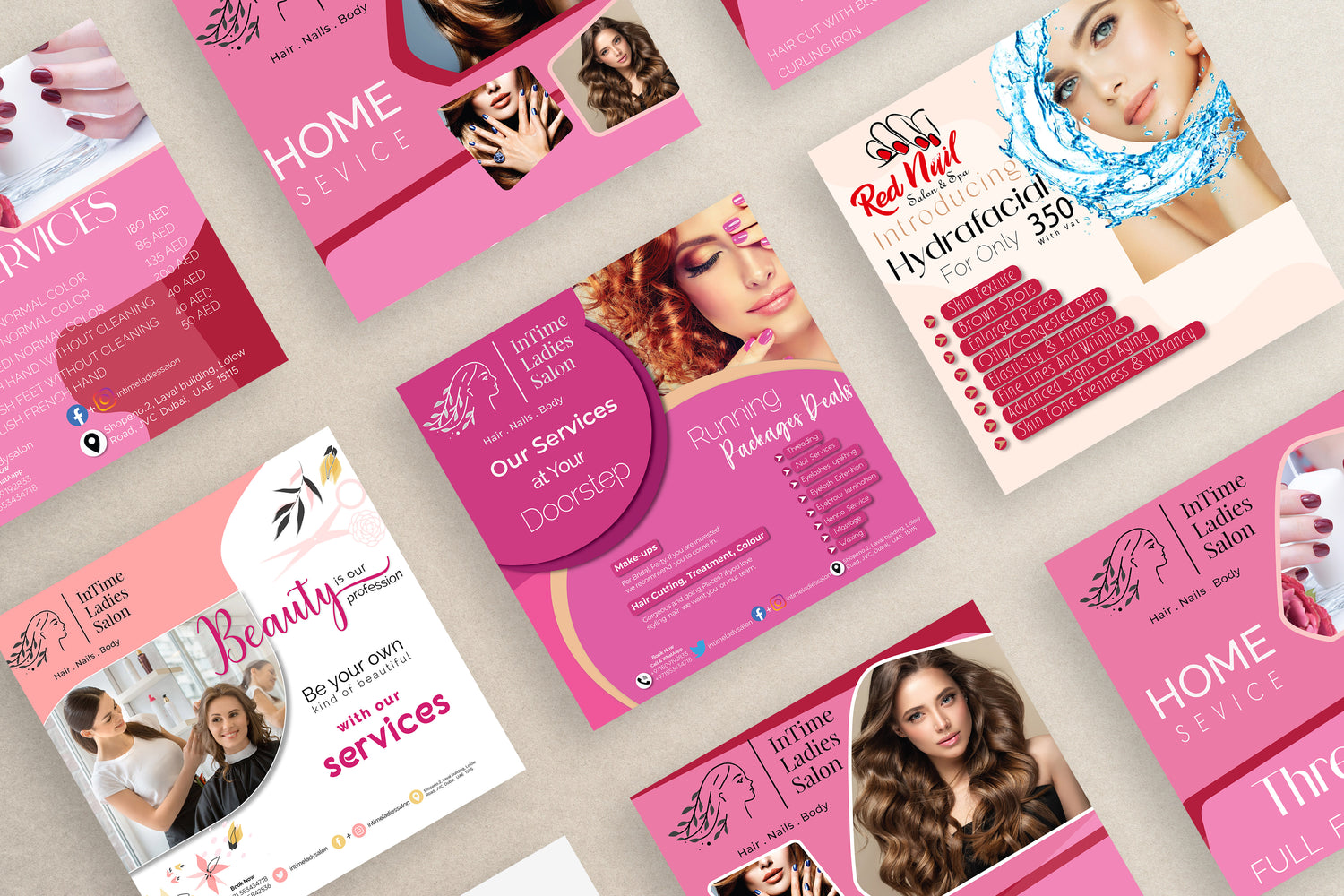 Collection of pink and white promotional flyers for a beauty salon on a light gray background.

