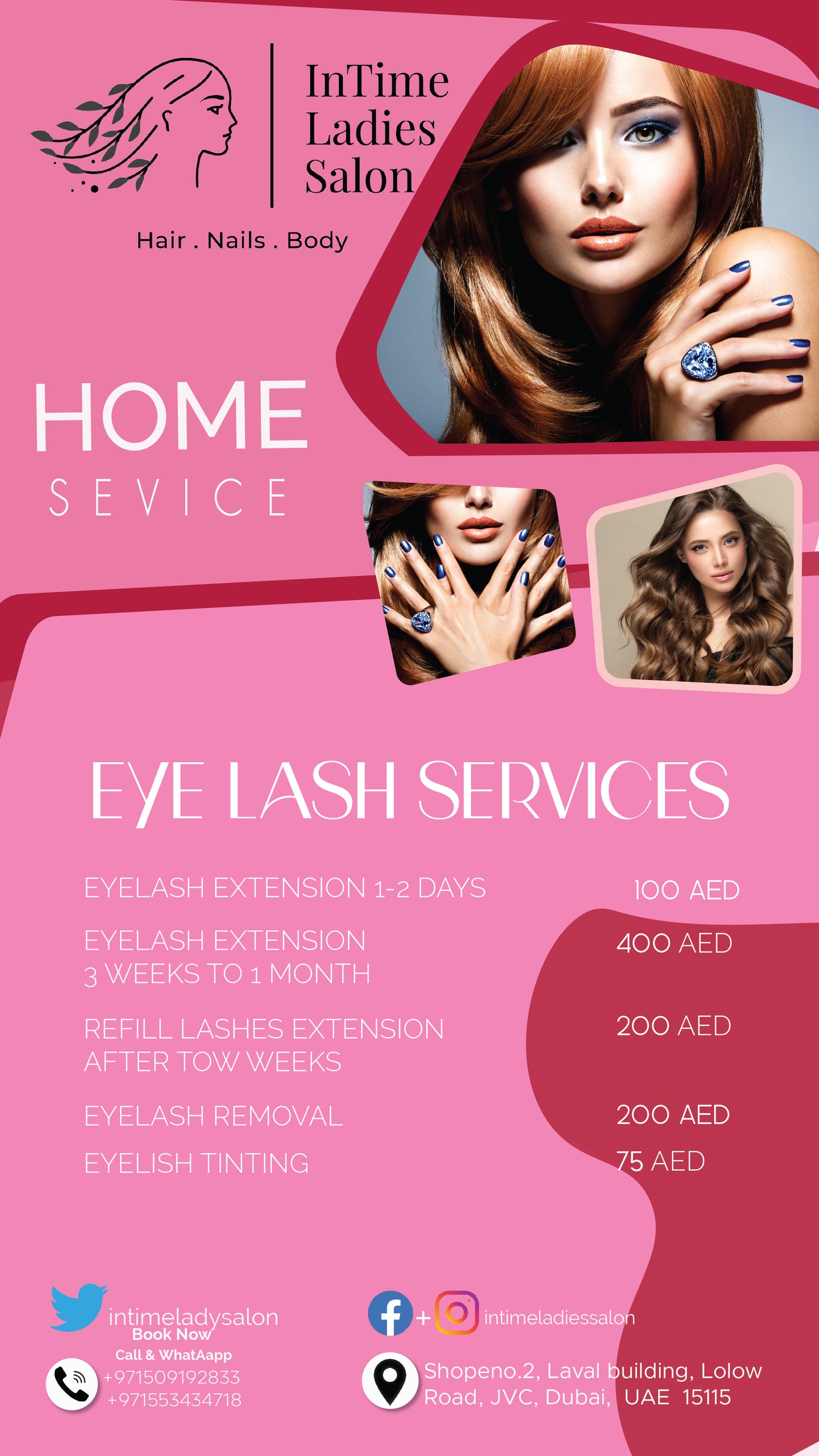 Advertisement for InTime Ladies Salon's eye lash services with pricing and contact information.