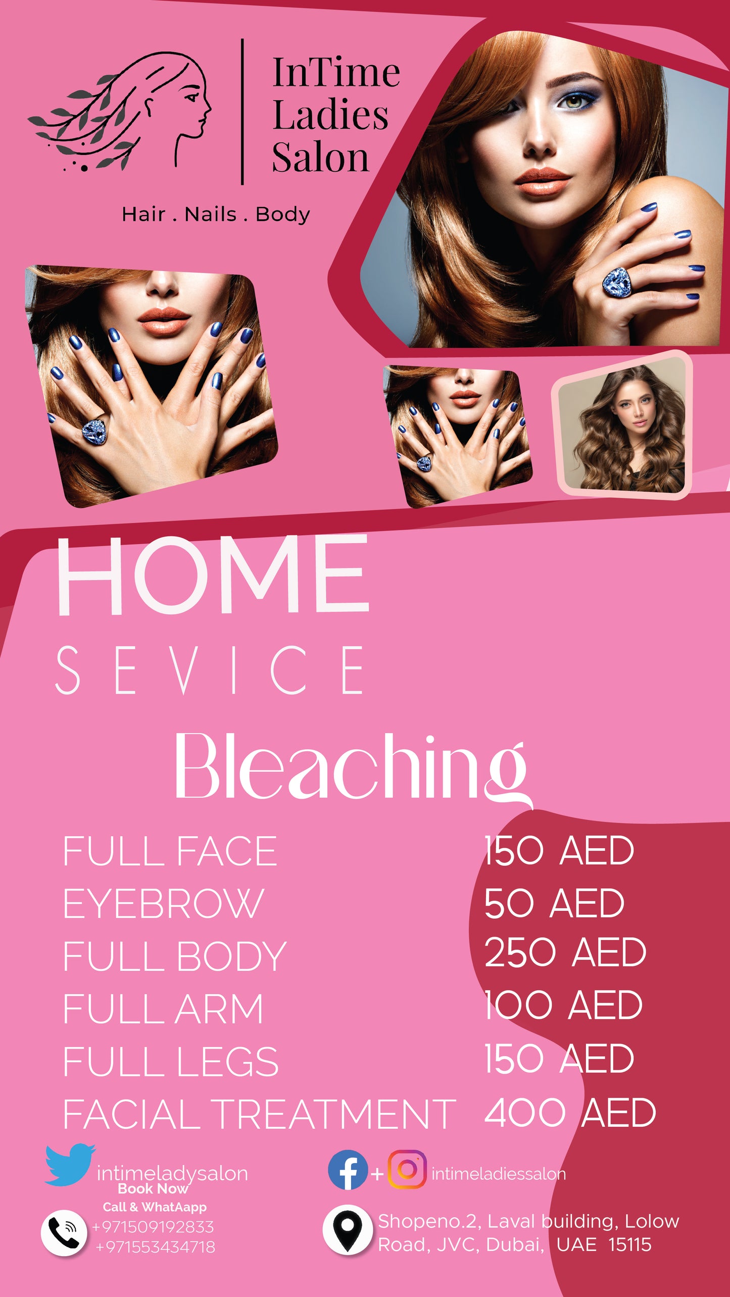 Advertisement for InTime Ladies Salon with services and prices on a pink background