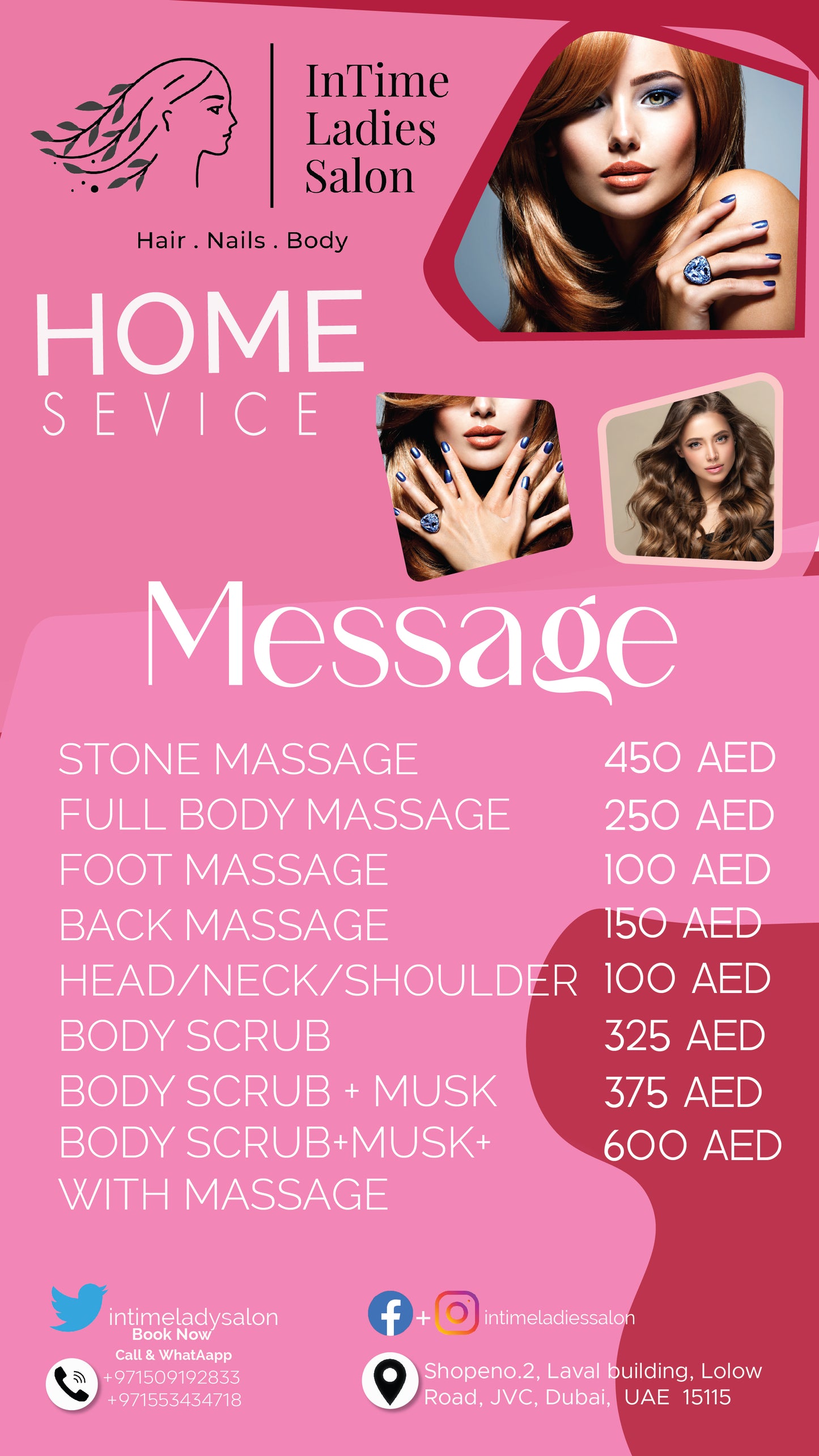 Advertisement for InTime Ladies Salon with services and prices on a pink background