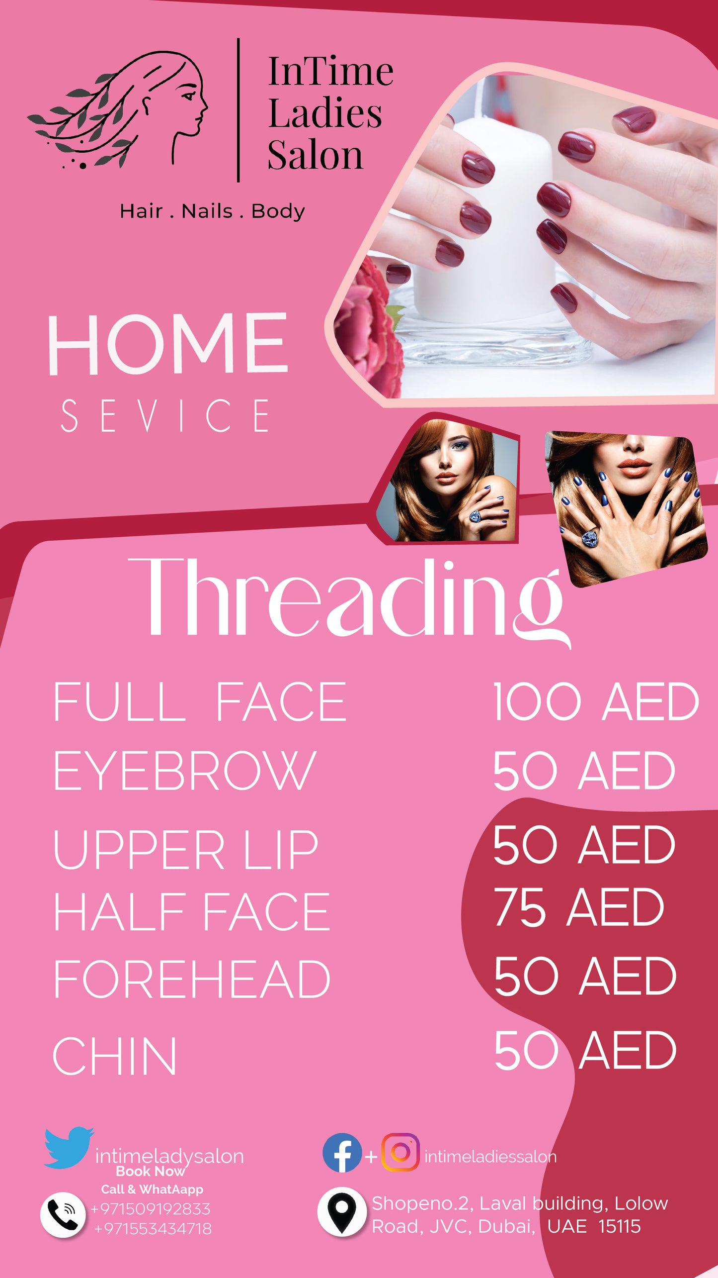 Advertisement for InTime Ladies Salon with threading services and prices on a pink background.
