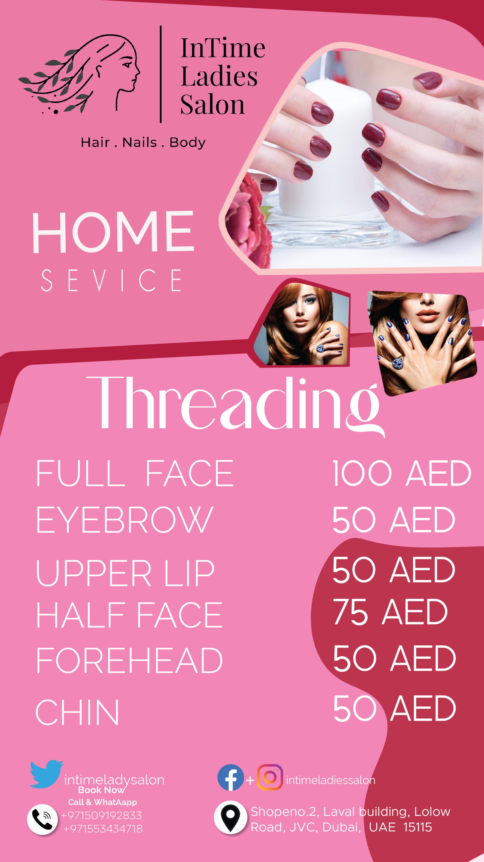 Advertisement for InTime Ladies Salon with threading services and prices on a pink background.