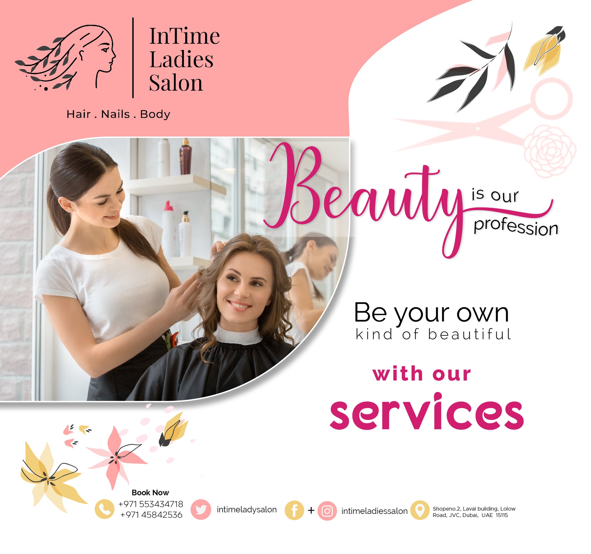 Advertisement for InTime Ladies Salon with a woman getting a haircut, featuring the salon's branding and services.