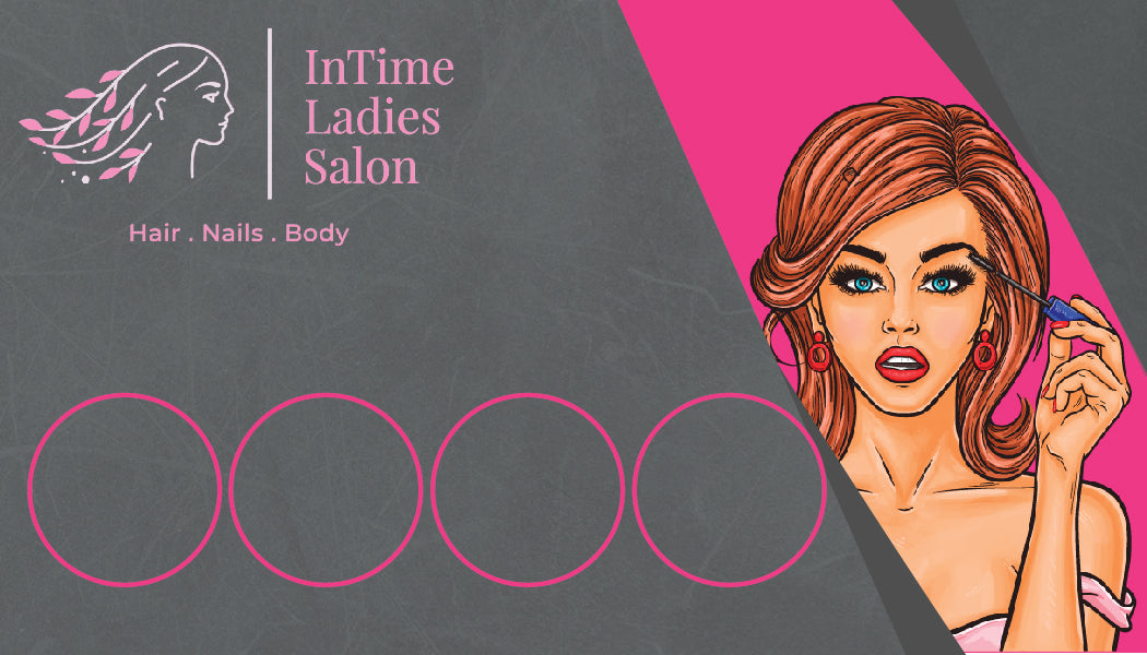 Advertisement for InTime Ladies Salon with a stylized woman and pink accents on a dark background.