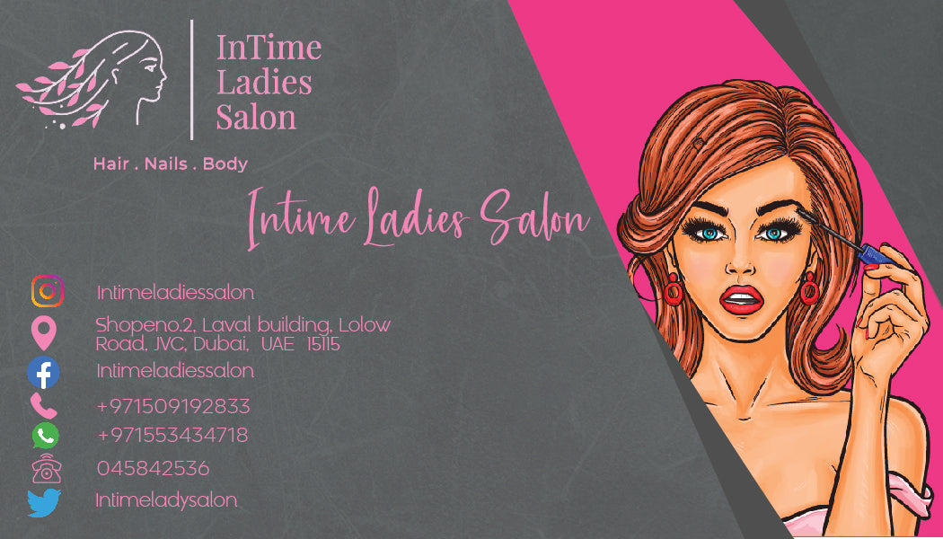 Advertisement for InTime Ladies Salon with a stylized illustration of a woman and contact information.

