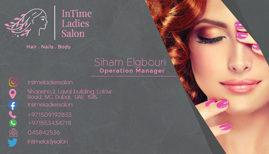 Business card for InTime Ladies Salon with a woman's face and contact information.

